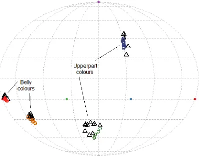 Figure 3. 2 The hue of the dyed feathers (coloured circles) on the models closely matched the hue of museum specimens (black triangles) in avian colourspace
