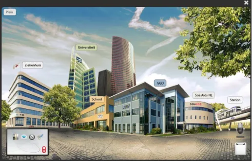 Figure 1: Screen of a game showing a square with buildings to visit. On the bottom  left corner we see an icon for the tablet