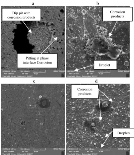 Figure 9. Surface FESEM micrographs for samples with degradation a) Bare SS, b) TiN, c) CrN,  d) TiN/CrN 