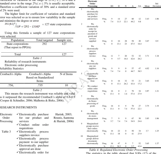 Table 4: Regulated Electronic Order Processing   The statistics in the table showed that 9.8% (12) of the 