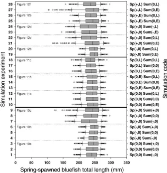 FIGURE 9.—Box-and-whisker plots representing model-predicted length distributions of spring-spawned bluefish on October 1