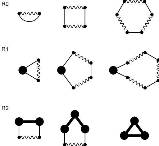 Fig. 2 Example of chain diagrams contributing to the free energy with(C0) no ρ-circles, (C1) one ρ-circle, and (C2) two ρ-circles.