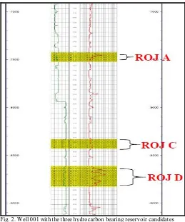 Fig. 2. Well 001 with the three hydrocarbon bearing reservoir candidates mapped (ROJ A, ROJ C, and ROJ D) 