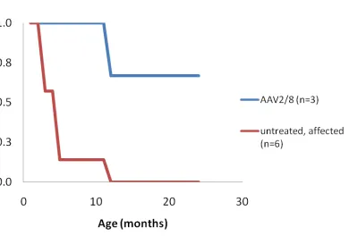 Figure 2:  Kaplan-Meir survival of GSD Ia dogs treated with AAV/8 vector, administered at 364 due to an inability to maintain blood glucose concentrations during unprovoked fastings