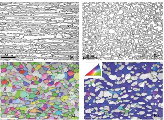 Fig. 3. Microstructure of Sandvik SAF 3207 HD tube material with a dimension of 14.7 x 1 mm (a) In longitudinal (rolling) direction from light  optical  microscopy  (LOM),  austenitic  phase  (white),  (b)