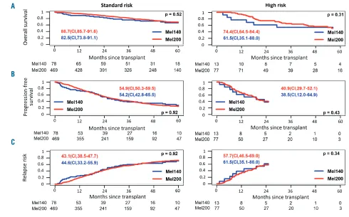 Figure 4. Survival and relapse risk by cytogenetic risk. (A) Overall survival, (B) progression-free survival and (C) relapse risk estimates and confidence intervals at 2years after ASCT are shown for patients with high-risk or standard-risk chromosomal abnormalities.