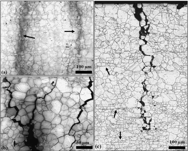 Figure 6: Crack development in an electro-polished sample, exposed to the test solution for 432  hours under load; (a) the exposed tensile surface before post-test tensile straining - the arrows  point at features that may be intergranular cracks; (b) the 