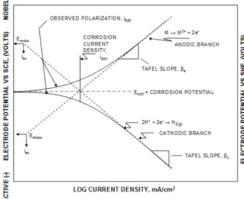 FIGURE 2.9 Polarization curve showing Tafel constants and corrosion current [30] 