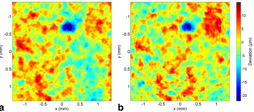 Figure 3: 2D roughness maps of a final film-coated tablet at the same position using (a) contact profilometry and (b) 3D OCT