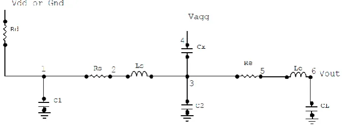 Fig. 5: Equivalent circuit of 2π type RLC model, redrawn from Fig. 4 