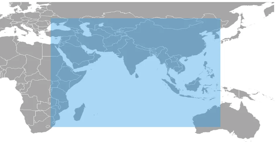 Fig. 1: Illustration of the IRNSS coverage which includes an area of ~1500 km around the Indian land mass               ( Image Credit : ISRO )  