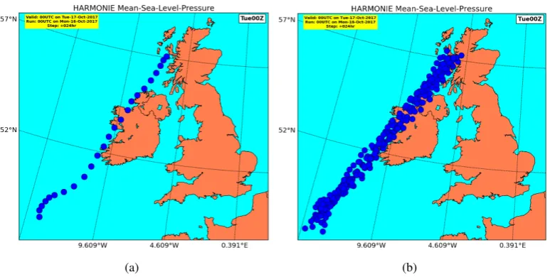 Figure 4: (a) Projected track of the central low pressure of Ophelia over a 24-hour period from the operationalrun of HARMONIE-AROME at 0000 UTC on the 16th of October