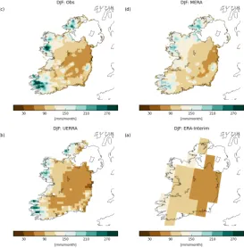 Figure 5: Monthly mean DJF precipitation for the period 1981-2015 (a) Observations projected on to theMÉRA grid, (b) MÉRA (c) UERRA and (d) ERA-Interim