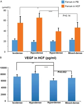 Figure 2. Ferrum concentration of PB (peripheral blood) and HCF (hematoma cavity fluid) in patients of each groups (A); VEGF concentration in HCF