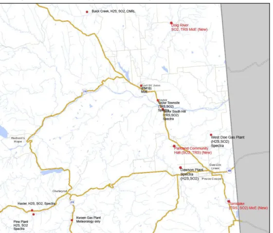Figure 1   Air quality monitoring network including the three new stations (in red):  Doig River, Farmington (at the Parkland  Community Hall) and Tomslake 