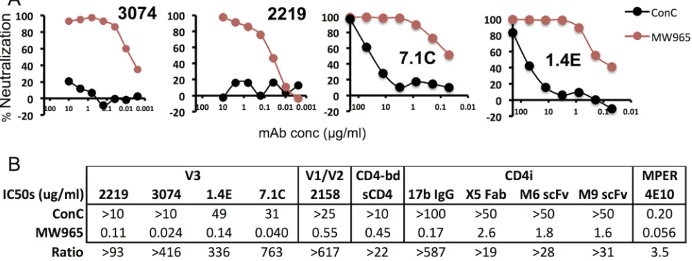 FIG 1 Comparison of sensitivities of MW965.26 and ConC Envs to neutralization by anti-V3 MAbs