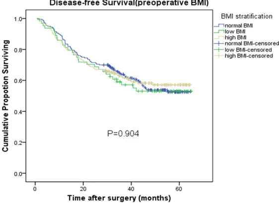 Figure 3. Disease-free Survival in preoperative BMI. Disease-free Survival of patients grouped by BMI before surgery, no significant differences were observed in the low BMI group, normal BMI group and high BMI group (P=0.904).