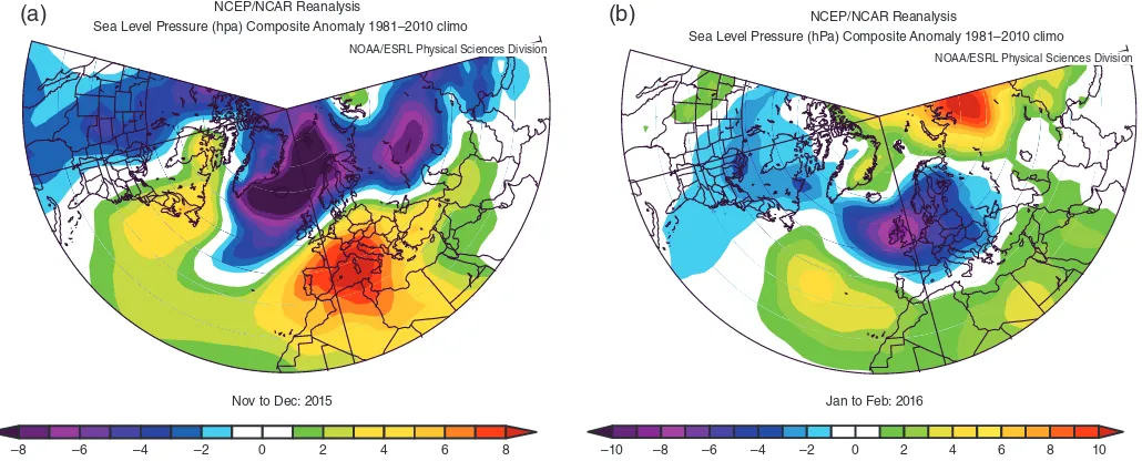 Figure 10. Mean sea level pressure anomalies for (a) November + December and (b) January + February