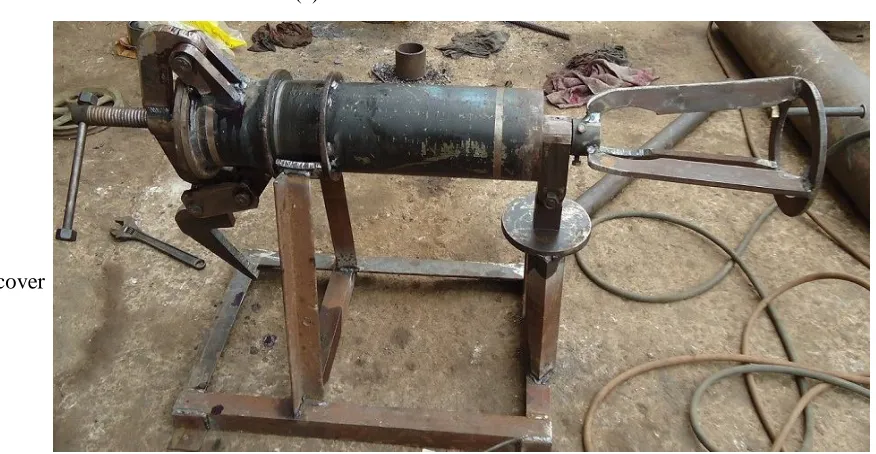 Figure 3. (a) Development of resting stand (b) Locking mechanism of cover (c)The fabricated rice puffing machine 