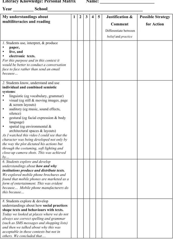 Figure 5.2: Sample Items from the Multiliteracies Matrix Reflection Tool 