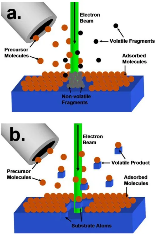 Figure 1.  Schematic diagram depicting a) electron beam induced deposition and b) electron beam induced etching