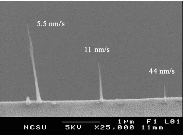 Figure 9.  Carbon rods deposited using line scans of different speed.  From right to left the scan 