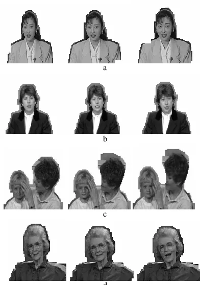Fig. 6. The results 4d th, 11th and 19th frames when using fuzzy method for object extraction for Akiyo, Claire, Mthr_dotr and Grandma sequence, respectively