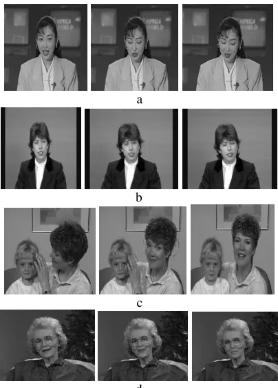 Fig. 10.  the reconstructed 5d th, 15th and 60th frames of Akiyo, Claire, Mthr_dotr and Grandma video sequence  from the proposed algorithm when using arbitrary shaped moving regions