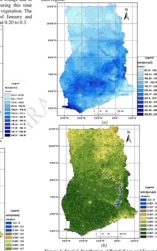 Figure 4: Spatial distribution of Rainfall (a) and Vegetation (b) for Ghana for June-July season Consulting Table 3.1, reveals that, by June-July and 