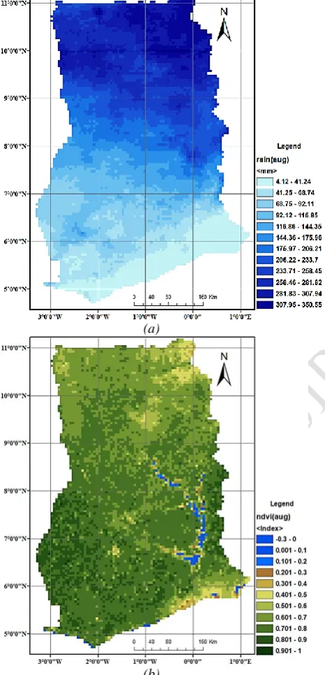 Figure 6: Spatial distribution of Rainfall (a) and Vegetation (b) for Ghana for September-October season By September, the southern portion of Ghana have 