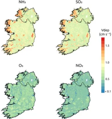 Table 2: Summary statistics for annual ammonia (NH3nitrogen dioxide (NO), sulphur dioxide (SO2), ozone (O3), and 2) dry deposition velocity (cm s –1) for Ireland during the period June 2013 to July 2014 