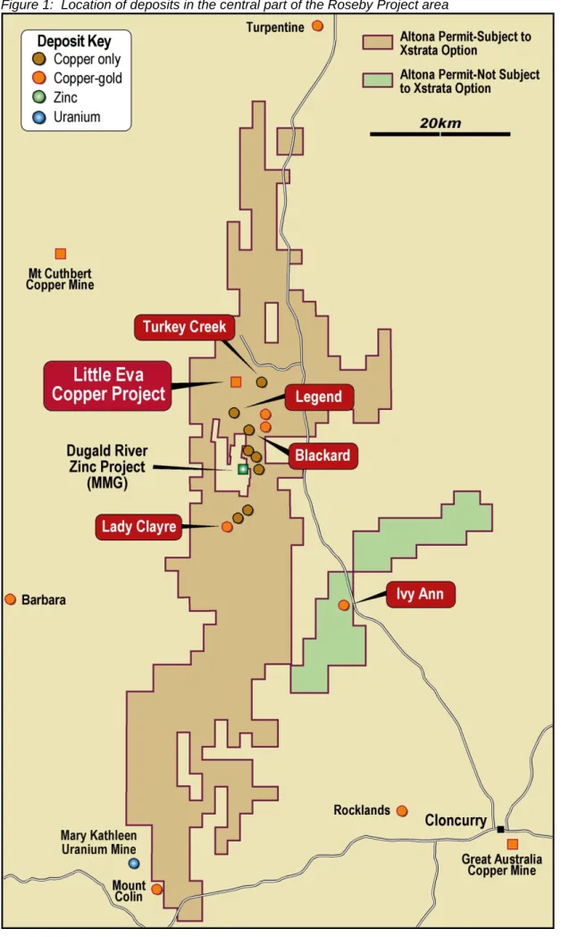 Figure 1:  Location of deposits in the central part of the Roseby Project area  