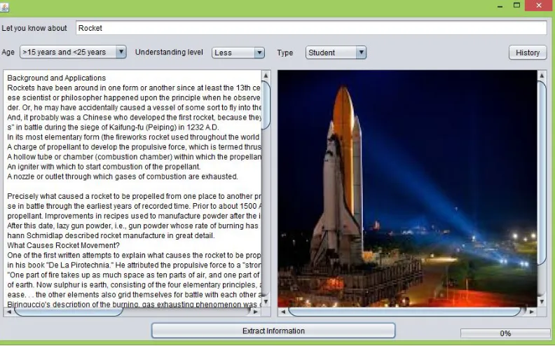 Figure 7. Information extracted from the museum database for the topic ROCKET based on visitor type- Student, age and understanding level