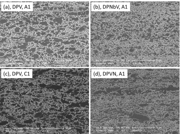 Figure 5.1.16  SEM microstructures of DP_V, DP_VN and DP_NbV, 2% Nital etched 