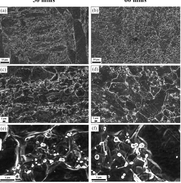 Figure 3.8: SEM micrographs of the cold rolled steel sample (83.3%) at 750  o C for (a), (c)  and (e) 30 mins and for (b), (d) and (f) 60 mins