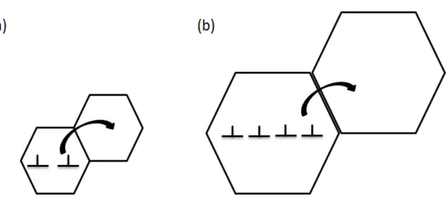 Figure 2.5: Schematic diagram of dislocation pile-up in (a) fine grain and (b) coarse grain