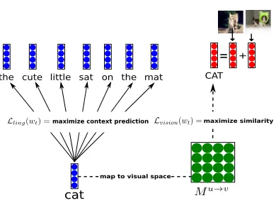 Figure 1: “Cartoon” of MMSKIP-GRAM-B. Lin-guistic context vectors are actually associated toclasses of words in a tree, not single words