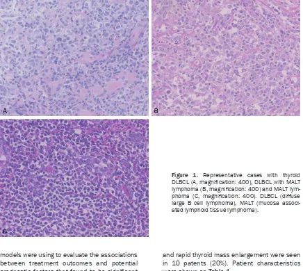 Figure 1. Representative cases with thyroid DLBCL (A, magnification: 400), DLBCL with MALT 