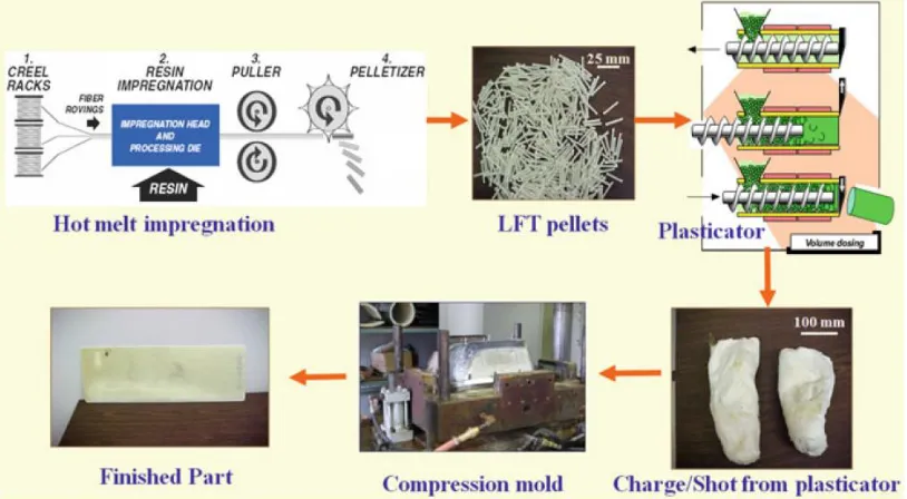 Figure 2.3 5 Extrusion/compression molding process for making long fiber reinforced thermoplastic (LFT) 
