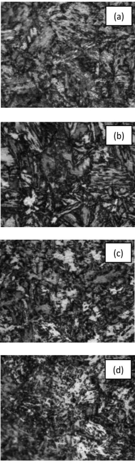 Fig. 5. Optical Micrographs of Dual Phase Steels             (a) DP730, (b) DP750, (c) DP780  and  (d) DP810 at 1000X 