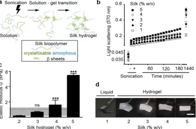 Figure 1. Self-assembling silk hydrogel manufacture and structural characteristics. The resulting hydrogels show controllable solution-gel kinetics and mechanical properties