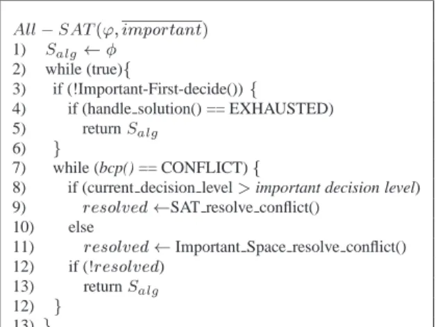 Figure 11: (a) All-SAT procedure. ' is the Boolean formula, and important is the set of important variables