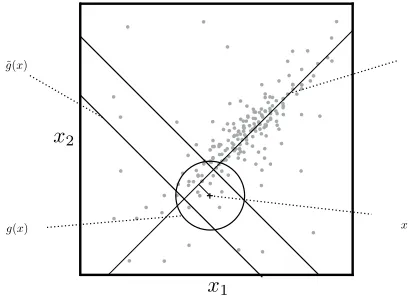 Figure 1: Depiction of standard neighborhood function g ( x )used for local regression on the CPU and surrogate neighbor-hood functiong ˜ ( x ) used for inference on the GPU, plotted fortwo-dimensional input data.