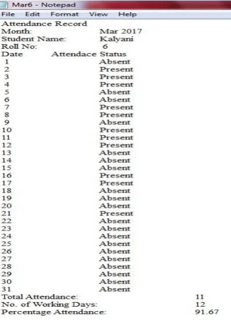 Fig. 2 c) Monthly attendance report of a student indicated using pie chart.   
