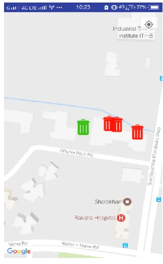 Fig. 8 and Fig. 9represents the Near me button which when clicked allows the employee to view the Garbage status  of bin nearest to him or her with Red and Blue indicators for full and empty conditions respectively