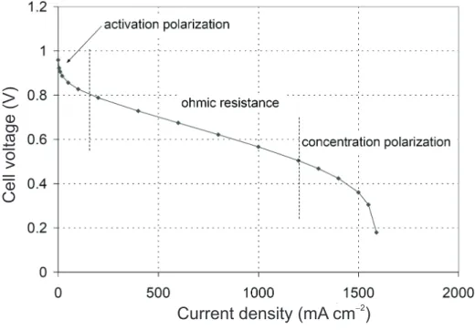 Figure 2.3: Typical fuel cell polarization curve. Reproduced from reference [8].