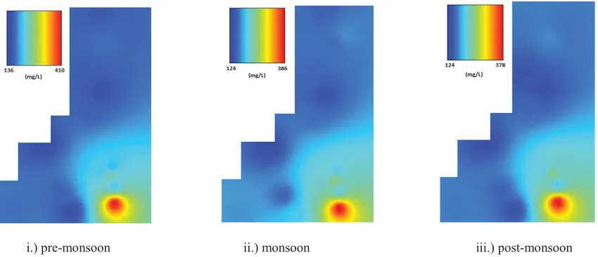 Fig 4.2 (d):  IDW interpolation map of Iron concentration in study area for three seasons 