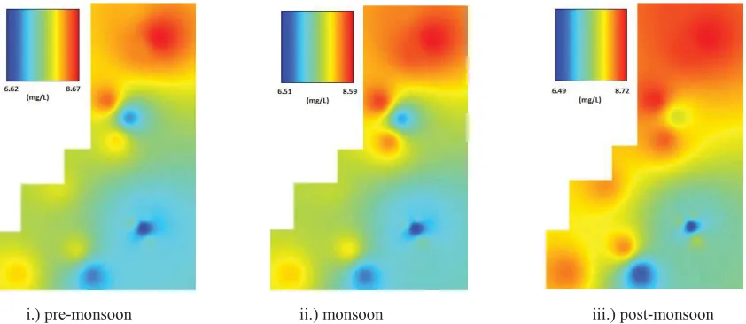 Fig 4.2 (g):  IDW interpolation map of Dissolved Oxygen concentration in study area for three seasons 