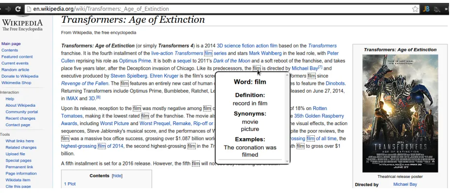 Figure 1: Example of supplementary information that the extension provides the user with when a user hovers overthe word ﬁlm.