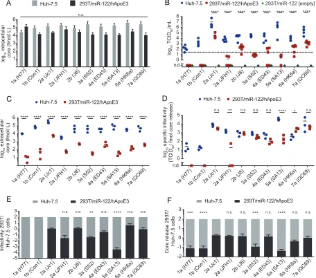 FIG 2 Strain-dependent usage of ApoE3 during HCV assembly in 293T/miR-122 cells. (A) Huh-7.5 cells and non-liver-derived 293T/miR-122 cellscells lacking ApoE expression were transfected with each HCV chimera in parallel, and no infectious events were detec